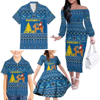Sweden Christmas Family Matching Off The Shoulder Long Sleeve Dress and Hawaiian Shirt with Gnome Yule Goat Royal Crest and Nordic Pattern - Wonder Print Shop