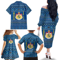 Sweden Christmas Family Matching Off The Shoulder Long Sleeve Dress and Hawaiian Shirt with Gnome Yule Goat Royal Crest and Nordic Pattern - Wonder Print Shop