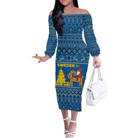 Sweden Christmas Family Matching Off The Shoulder Long Sleeve Dress and Hawaiian Shirt with Gnome Yule Goat Royal Crest and Nordic Pattern - Wonder Print Shop
