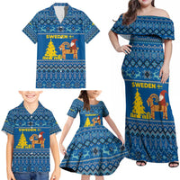 Sweden Christmas Family Matching Off Shoulder Maxi Dress and Hawaiian Shirt with Gnome Yule Goat Royal Crest and Nordic Pattern - Wonder Print Shop