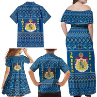 Sweden Christmas Family Matching Off Shoulder Maxi Dress and Hawaiian Shirt with Gnome Yule Goat Royal Crest and Nordic Pattern - Wonder Print Shop