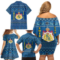 Sweden Christmas Family Matching Off Shoulder Short Dress and Hawaiian Shirt with Gnome Yule Goat Royal Crest and Nordic Pattern - Wonder Print Shop