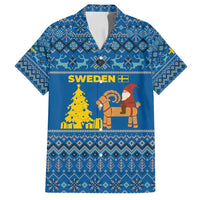 Sweden Christmas Family Matching Off Shoulder Short Dress and Hawaiian Shirt with Gnome Yule Goat Royal Crest and Nordic Pattern - Wonder Print Shop