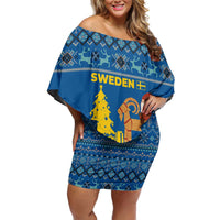 Sweden Christmas Family Matching Off Shoulder Short Dress and Hawaiian Shirt with Gnome Yule Goat Royal Crest and Nordic Pattern - Wonder Print Shop