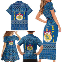 Sweden Christmas Family Matching Short Sleeve Bodycon Dress and Hawaiian Shirt with Gnome Yule Goat Royal Crest and Nordic Pattern - Wonder Print Shop
