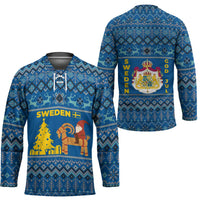 Sweden Christmas Hockey Jersey with Gnome Yule Goat Royal Crest and Nordic Pattern - Wonder Print Shop