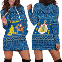 Sweden Christmas Hoodie Dress with Gnome Yule Goat Royal Crest and Nordic Pattern - Wonder Print Shop
