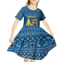 Sweden Christmas Kid Short Sleeve Dress with Gnome Yule Goat Royal Crest and Nordic Pattern - Wonder Print Shop