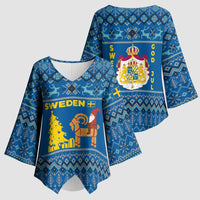 Sweden Christmas Kimono Sleeve Blouse with Gnome Yule Goat Royal Crest and Nordic Pattern - Wonder Print Shop