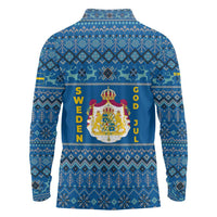 Sweden Christmas Long Sleeve Polo Shirt with Gnome Yule Goat Royal Crest and Nordic Pattern - Wonder Print Shop