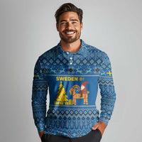 Sweden Christmas Long Sleeve Polo Shirt with Gnome Yule Goat Royal Crest and Nordic Pattern - Wonder Print Shop