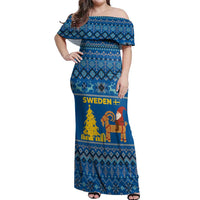 Sweden Christmas Off Shoulder Maxi Dress with Gnome Yule Goat Royal Crest and Nordic Pattern - Wonder Print Shop