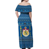 Sweden Christmas Off Shoulder Maxi Dress with Gnome Yule Goat Royal Crest and Nordic Pattern - Wonder Print Shop