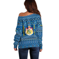 Sweden Christmas Off Shoulder Sweater with Gnome Yule Goat Royal Crest and Nordic Pattern - Wonder Print Shop
