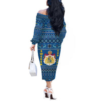 Sweden Christmas Off The Shoulder Long Sleeve Dress with Gnome Yule Goat Royal Crest and Nordic Pattern - Wonder Print Shop