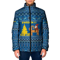Sweden Christmas Padded Jacket with Gnome Yule Goat Royal Crest and Nordic Pattern - Wonder Print Shop