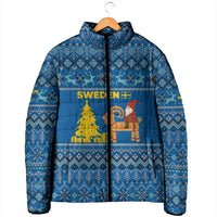 Sweden Christmas Padded Jacket with Gnome Yule Goat Royal Crest and Nordic Pattern - Wonder Print Shop