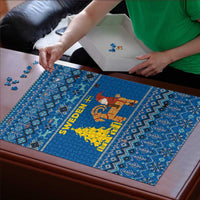 Sweden Christmas Puzzle with Gnome Yule Goat Royal Crest and Nordic Pattern - Wonder Print Shop