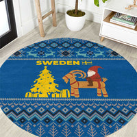 Sweden Christmas Round Carpet with Gnome Yule Goat Royal Crest and Nordic Pattern - Wonder Print Shop