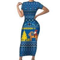 Sweden Christmas Short Sleeve Bodycon Dress with Gnome Yule Goat Royal Crest and Nordic Pattern - Wonder Print Shop