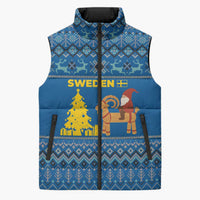 Sweden Christmas Sleeveless Puffer Jacket with Gnome Yule Goat Royal Crest and Nordic Pattern - Wonder Print Shop