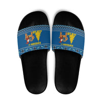 Sweden Christmas Slide Sandals with Gnome Yule Goat Royal Crest and Nordic Pattern - Wonder Print Shop