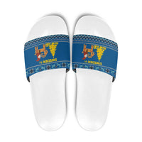 Sweden Christmas Slide Sandals with Gnome Yule Goat Royal Crest and Nordic Pattern - Wonder Print Shop