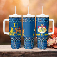 Sweden Christmas Tumbler With Handle with Gnome Yule Goat Royal Crest and Nordic Pattern - Wonder Print Shop
