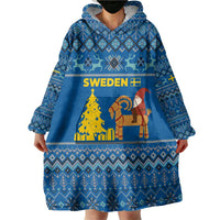 Sweden Christmas Wearable Blanket Hoodie with Gnome Yule Goat Royal Crest and Nordic Pattern - Wonder Print Shop