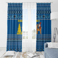 Sweden Christmas Window Curtain with Gnome Yule Goat Royal Crest and Nordic Pattern - Wonder Print Shop