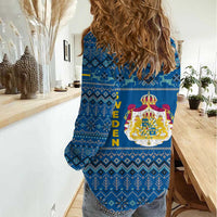 Sweden Christmas Women Casual Shirt with Gnome Yule Goat Royal Crest and Nordic Pattern - Wonder Print Shop