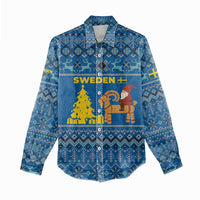 Sweden Christmas Women Casual Shirt with Gnome Yule Goat Royal Crest and Nordic Pattern - Wonder Print Shop