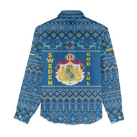 Sweden Christmas Women Casual Shirt with Gnome Yule Goat Royal Crest and Nordic Pattern - Wonder Print Shop