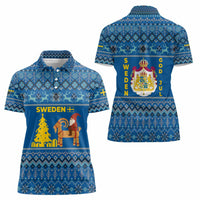 Sweden Christmas Women Polo Shirt with Gnome Yule Goat Royal Crest and Nordic Pattern - Wonder Print Shop