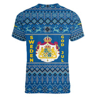 Sweden Christmas Women V-Neck T-Shirt with Gnome Yule Goat Royal Crest and Nordic Pattern - Wonder Print Shop