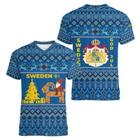 Sweden Christmas Women V-Neck T-Shirt with Gnome Yule Goat Royal Crest and Nordic Pattern - Wonder Print Shop