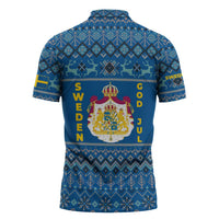 Sweden Christmas Zipper Polo Shirt with Gnome Yule Goat Royal Crest and Nordic Pattern - Wonder Print Shop