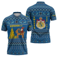 Sweden Christmas Zipper Polo Shirt with Gnome Yule Goat Royal Crest and Nordic Pattern - Wonder Print Shop