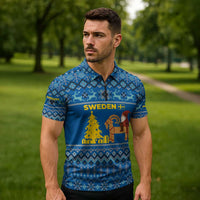 Sweden Christmas Zipper Polo Shirt with Gnome Yule Goat Royal Crest and Nordic Pattern - Wonder Print Shop