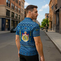 Sweden Christmas Zipper Polo Shirt with Gnome Yule Goat Royal Crest and Nordic Pattern - Wonder Print Shop
