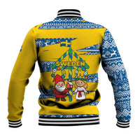 Sweden Christmas Baseball Jacket with Santa Lucia Girl Midsummer Pole Swedish Flag and Nordic Pattern Design - Wonder Print Shop
