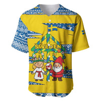 Sweden Christmas Baseball Jersey with Santa Lucia Girl Midsummer Pole Swedish Flag and Nordic Pattern Design - Wonder Print Shop