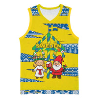 Sweden Christmas Basketball Jersey with Santa Lucia Girl Midsummer Pole Swedish Flag and Nordic Pattern Design - Wonder Print Shop