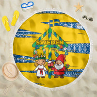 Sweden Christmas Beach Blanket with Santa Lucia Girl Midsummer Pole Swedish Flag and Nordic Pattern Design - Wonder Print Shop
