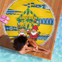 Sweden Christmas Beach Blanket with Santa Lucia Girl Midsummer Pole Swedish Flag and Nordic Pattern Design - Wonder Print Shop