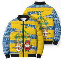Sweden Christmas Bomber Puffer Jacket with Santa Lucia Girl Midsummer Pole Swedish Flag and Nordic Pattern Design - Wonder Print Shop