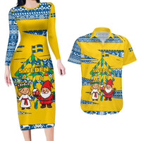 Sweden Christmas Couples Matching Long Sleeve Bodycon Dress and Hawaiian Shirt with Santa Lucia Girl Midsummer Pole Swedish Flag and Nordic Pattern Design - Wonder Print Shop