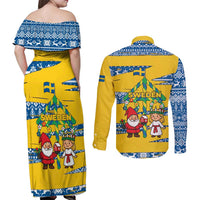 Sweden Christmas Couples Matching Off Shoulder Maxi Dress and Long Sleeve Button Shirt with Santa Lucia Girl Midsummer Pole Swedish Flag and Nordic Pattern Design - Wonder Print Shop