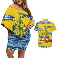 Sweden Christmas Couples Matching Off Shoulder Short Dress and Hawaiian Shirt with Santa Lucia Girl Midsummer Pole Swedish Flag and Nordic Pattern Design - Wonder Print Shop
