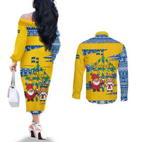 Sweden Christmas Couples Matching Off The Shoulder Long Sleeve Dress and Long Sleeve Button Shirt with Santa Lucia Girl Midsummer Pole Swedish Flag and Nordic Pattern Design - Wonder Print Shop